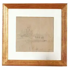 Paesaggio del Sile Matita nera e biacca su carta marrone Firmato in basso a destra. Piccole macchie Paysage du fleuve Sile by Guglielmo Ciardi, Crayon noir et rehauts de blanc sur papier brun, sold Jan 2021
