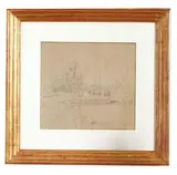Paesaggio del Sile Matita nera e biacca su carta marrone Firmato in basso a destra. Piccole macchie Paysage du fleuve Sile by Guglielmo Ciardi, Crayon noir et rehauts de blanc sur papier brun, sold Jan 2021