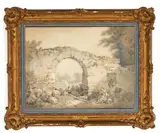 Bergers et troupeau dans des ruines by Jean-Baptiste Huet, Pierre noire, sanguine, rehauts de blanc, sold Dec 2020