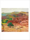 Le noyer ou Village dans une haute vallée de l'Atlas, Anemiter (?) by Jacques Majorelle, 1938, Technique mixte, gouache et détrempe sur carton, sold Jul 2020