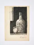 Nature morte à la bouteille et au réveil by Haruhiko Sunagawa, 1972, Pastel noir et fusain sur papier, sold Oct 2023