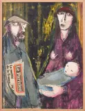 Couple et enfant, Paris by Elie Pesatori, 1984, Technique mixte (lithographie rehaussée à la gouache et au pastel, et collage), sold Oct 2023