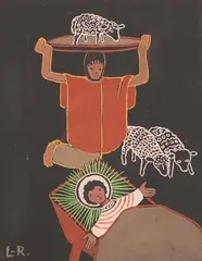 L'offrande du berger by Jean Lambert-Rucki, Gouache monogrammée en bas à gauche et signée en bas à droite, sold Jul 2022