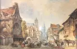 Marché animé by Félix Godefroy, 1838, Aquarelle signée et datée en bas à gauche, sold May 2022