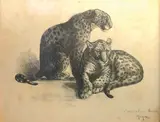Deux panthères by Lucien Guyot, Lithographie signée en bas à droite avec envoi "à mon vieil ami Raison", sold Mar 2022