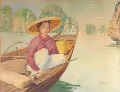 Dans les eaux de la Baie d’Along by Josef Ruedolf, Aquarelle sur papier signé en bas à droite, sold Mar 2022