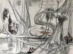 Au bord du Mékong by André Maire, 1955, Fusain et pastel signé et daté en bas à gauche, sold Mar 2022