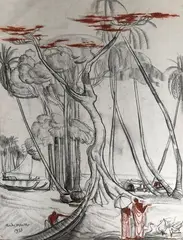 Moines et pêcheurs du Mékong by André Maire, 1955, Fusain et pastel signé et daté en bas à gauche, sold Mar 2022