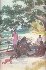 Moment musical sur la plage, Tahiti by Jacques Boullaire, 1949, Lithographie en couleurs située et datée en bas à gauche, non signée, sold Mar 2022