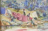 Femme faisant sécher du linge à l'oasis by Édouard Herzig, Aquarelle signée en bas à droite, sold Mar 2022