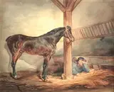 Cheval et palefrenier à l'écurie by Charles-Émile-Callande de Champmartin, Aquarelle signée à droite au milieu, sold Feb 2022