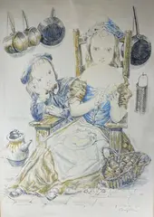 A la cuisine by Tsuguharu Foujita, Lithographie en couleurs signée en bas à droite, justifiée, sold Dec 2021
