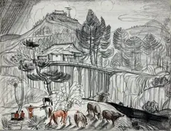 Moïs aux environs de Dalat ("La passerelle") by André Maire, 1956, Fusain et pastel signé et daté en bas vers la droite, sold Oct 2021