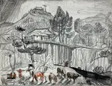 Moïs aux environs de Dalat ("La passerelle") by André Maire, 1956, Fusain et pastel signé et daté en bas vers la droite, sold Oct 2021