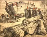 Vue de port avec grumes et éléphants by André Maire, Fusain et pastel signé et daté (?) en bas à gauche, sold Oct 2021