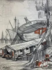 Le port de Saïgon by André Maire, 1956, Fusain et pastel signé et daté en bas à gauche, sold Oct 2021