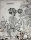 Siem Reap, la pagode by André Maire, 1955, Fusain et pastel signé et daté en haut à droite, sold Oct 2021