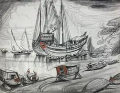Les bords du Mékong by André Maire, 1955, Fusain et pastel signé et daté en bas vers la gauche, sold Oct 2021