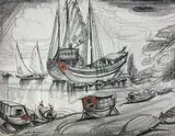 Les bords du Mékong by André Maire, 1955, Fusain et pastel signé et daté en bas vers la gauche, sold Oct 2021