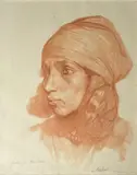 Femme de Bou Saada by Jules van Biesbroeck, Sanguine titrée et signée en bas à droite, sold Oct 2021