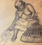 Africaine et poule à Porto Novo (Dahomey) by Jean Bouchaud, 1938, Fusain et crayon de couleurs signé en bas à droite, sold Oct 2021