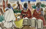 Femmes du pays Zoulou by Élisabeth Faure, Aquarelle signée en bas à gauche, sold Oct 2021