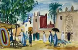 Village animé au Nigéria by Élisabeth Faure, Aquarelle signée en bas à droite, sold Oct 2021