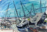 Voiliers sur la plage by Élisabeth Faure, Aquarelle signée en bas à gauche, sold Oct 2021