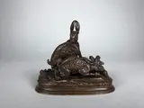 Lièvres dans un champs de carottes by Jules Moigniez, Epreuve en bronze à patine brun nuancé, sold May 2018