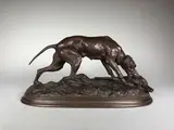 Chien attrapant un faisan by Jules Moigniez, Epreuve en bronze à patine brun nuancé, sold May 2018
