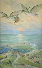 La tortue et les canards (fable de La Fontaine) by René Leverd, Aquarelle signée en bas à gauche, sold Jun 2021