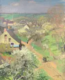 L'entrée du village Vendomon au printemps" by André Lagrange, 1935, Gouache sur carton signé et daté en bas à droite, sold Jun 2021