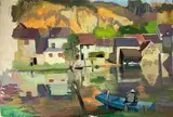 Falaise de Troo, Le Loir avec pêcheurs by André Lagrange, Aquarelle et gouache signée en bas à gauche et titrée au dos, sold Jun 2021