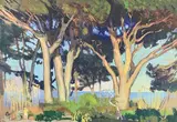Les grands arbres by André Lagrange, Gouache sur carton signé en bas à gauche, sold Jun 2021