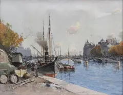 Vapeur et péniches à quai sur la Seine à PAris by Paul Lecomte, Aquarelle signée en bas à gauche A vue, sold May 2015