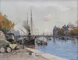 Vapeur et péniches à quai sur la Seine à PAris by Paul Lecomte, Aquarelle signée en bas à gauche A vue, sold May 2015