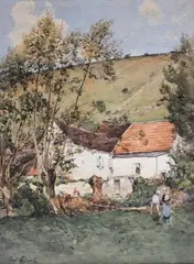 La conversation auprès de la ferme by Paul Lecomte, Aquarelle signée en bas à gauche à vue :, sold May 2015