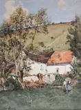 La conversation auprès de la ferme by Paul Lecomte, Aquarelle signée en bas à gauche à vue :, sold May 2015