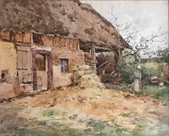 Fermière dans la cour de ferme by Paul Lecomte, Aquarelle signée en bas à gauche, sold May 2015