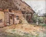 Fermière dans la cour de ferme by Paul Lecomte, Aquarelle signée en bas à gauche, sold May 2015