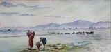 Porteuses d'eau et troupeau sur l'oued Sebaou by Édouard Herzig, Aquarelle signée, sold May 2015