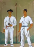 Deux joueurs de pelote by Ramiro Arrue, Gouache et aquarelle signée du monogramme en haut à gauche, sold May 2015