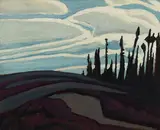 Near Lake Superior—Rock, Spruce and Clouds by Lawren Harris, oil on board, sold Nov 2024