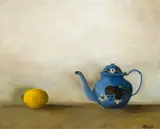 Still Life with Fruit and Blue Teapot by Christiane Pflug, oil on canvas, sold May 2024