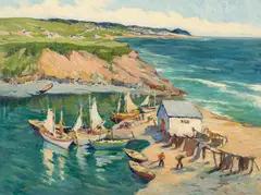 Village de L'Anse-aux-Gascons, Gaspé, Que. by Rita Mount, oil on canvas, sold Nov 2024