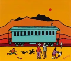 White Pass Carriage - Whitehorse by Ted Harrison, 1972, acrylic on canvas board, sold Nov 2024