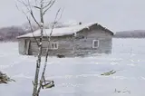 My Brother's Cabin at Little Pine Reserve by Allen Sapp, 1977, acrylic on canvas, sold Nov 2024