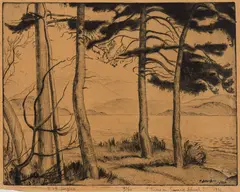 Trees on Savary Island by E. J. Hughes, 1936, drypoint etching on paper, sold Sep 2024