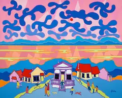 The Grecian House (Dawson City) by Ted Harrison, 1982, acrylic on canvas, sold Sep 2024