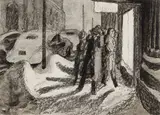 Winter Street Scene by Phillip Henry Howard Surrey, charcoal and wash on paper, sold Sep 2024